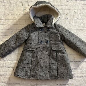 OSHKOSH B’GOSH GREY/BLACK METALLIC TWEED WITH BOWS PRINT HOODED TODDLER COAT 2T